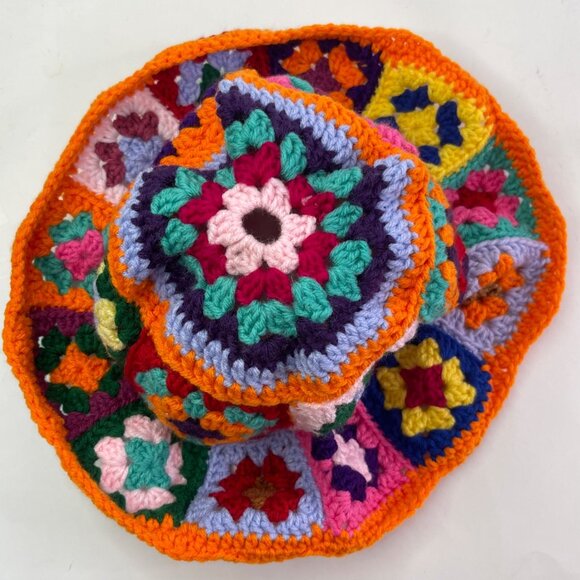 Crochet Bucket Hat Granny Square Pattern Multicolored Adult Size Handmade